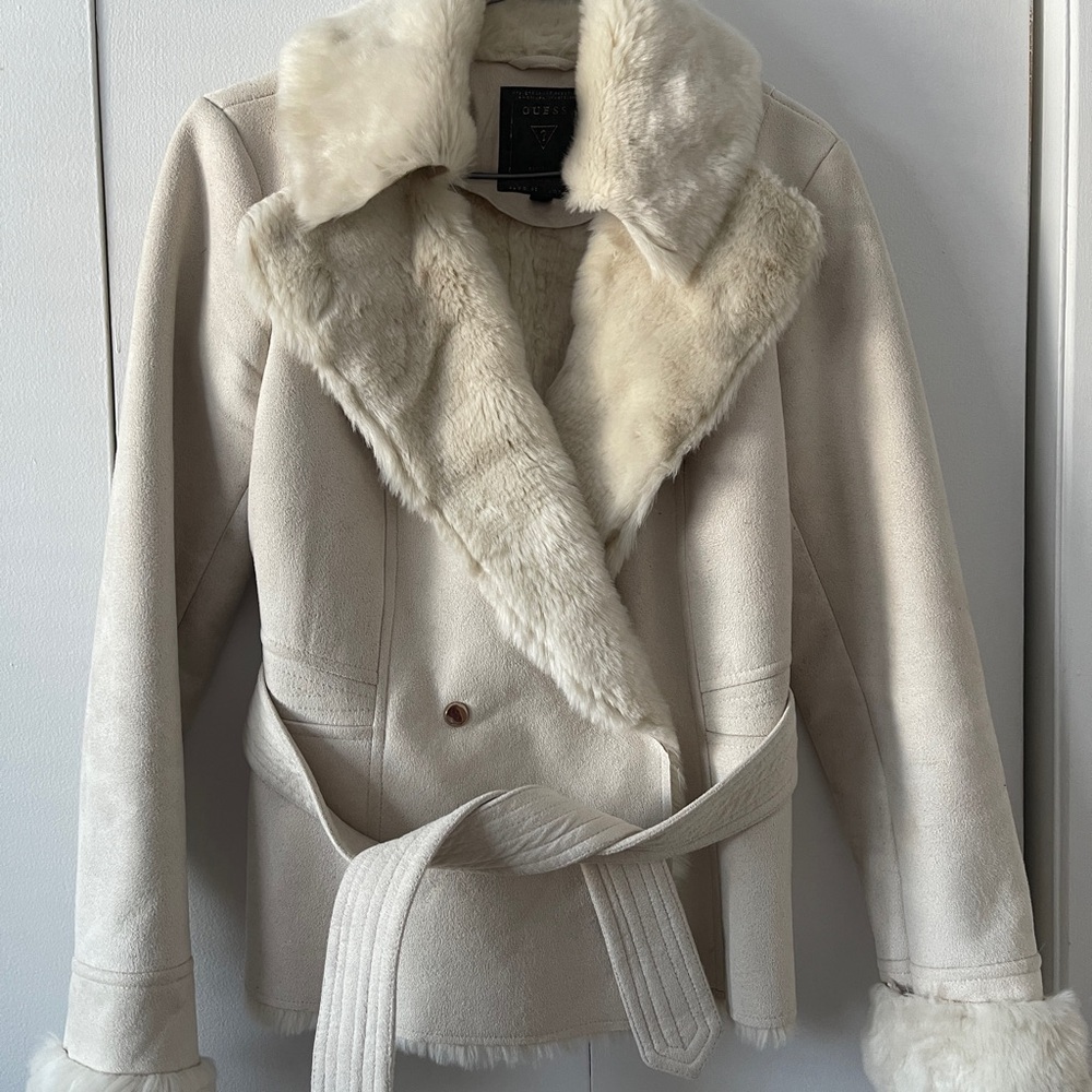Guess Cream Faux Fur-Trim Teddy Jacket